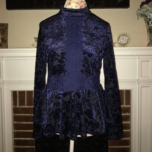 Velvet and lace navy patchwork peplum turtleneck
